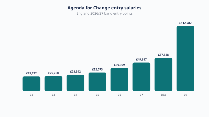 Illustrative Agenda for Change entry salaries in England 2026/27: Band 2 £25,272, Band 5 £32,073, Band 6 £39,959, Band 7 £49,387, and Band 9 up to £129,783 top of scale.