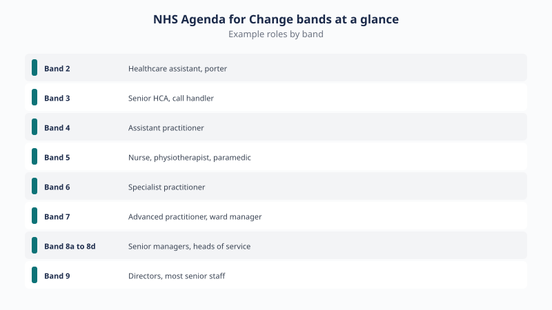 NHS Agenda for Change bands at a glance: Band 2 healthcare assistant and porter, Band 3 senior HCA and call handler, Band 4 assistant practitioner, Band 5 nurse physiotherapist paramedic, Band 6 specialist practitioner, Band 7 advanced practitioner ward manager, Band 8a to 8d senior managers heads of service, Band 9 directors and most senior staff.
