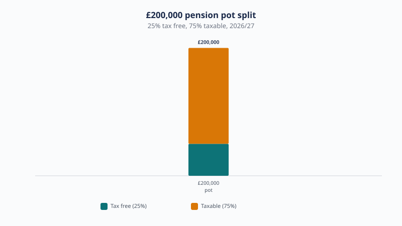 A £200,000 pension pot splits into £50,000 tax free (25%) and £150,000 taxable (75%) under standard 2026/27 rules.